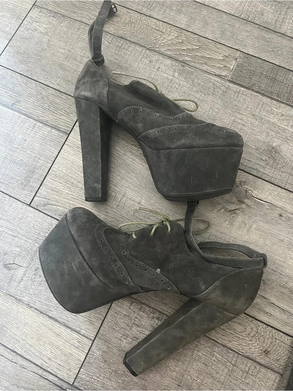 Farylrobin Charcoal Gray Suede Platform Lace-Up Heels